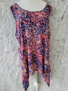 Woman Within Navy Floral Scoop Neck Tank with Pink and Cream Accents